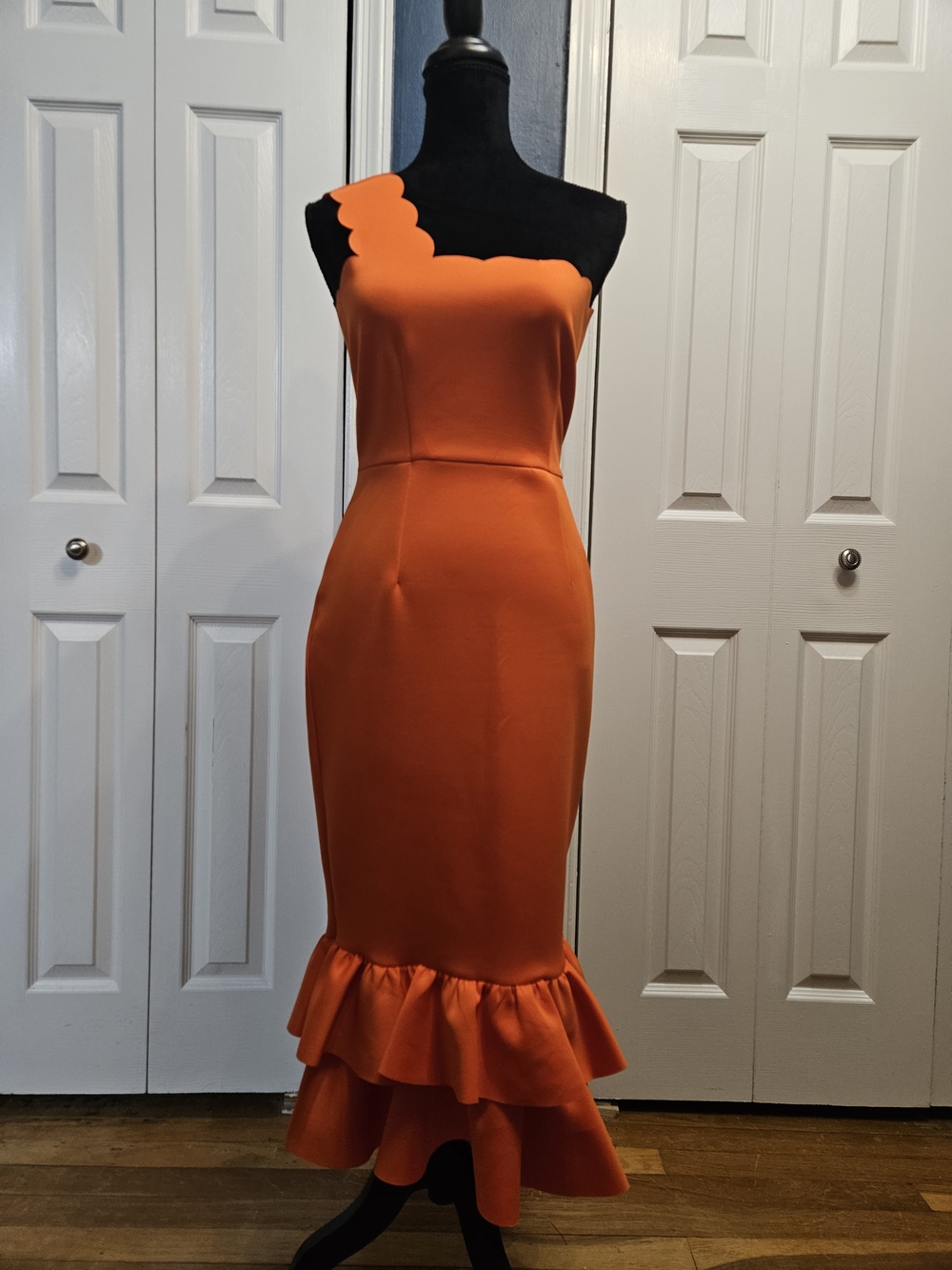 ASOS One-Shoulder Ruffle-Hem Midi Dress in Orange